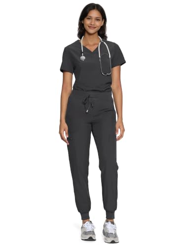 Scrubs for Women Set V-Neck Top & Cargo Pants 12 Pockets, Dark Grey, S