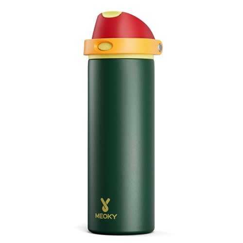 Image of 24 oz Insulated Water Bottle with Straw: Meoky Stainless Steel Metal Water Bottle with 2-in-1 Lid - Leak Proof, Cold for 24 Hours, Protective Silicone Base, BPA-Free for Sports Travel Car, Evergreen