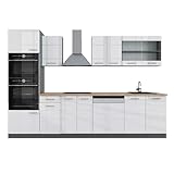Vicco cucina componibile R-line, Bianco lucido/antracite, 300 cm con armadio alto, PL Rovere