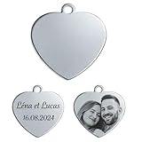 Medalla de corazón personalizada de acero inoxidable, grabado de fotos y texto a doble cara, 3 tamaños 25/30/35 mm, 4 colores, colgante llavero, plata, L ( 35mm )