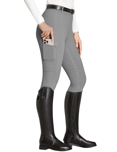 Fitst4 Sports Women'S Full Seat Riding Tights With Zipper Pockets Horseback Riding Pants Equestrian Breeches For Women Grey L cover