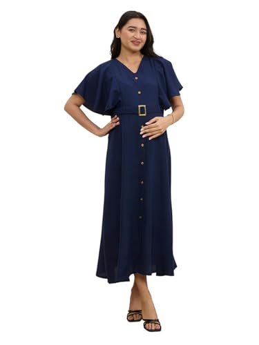 Image of MomToBe Women's Cotton Maternity Dress | Nursing Feeding Dress with Concealed 14-Inch Side Zippers | Office Wear for Pregnancy & Postpartum