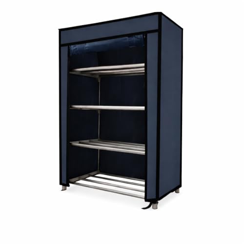 Image of 4 Tier Covered Shoe Rack for Home | Metal Shoe Storage Organizer with Dustproof Cover | Multi Layer Footwear Stand for Closet, Entryway, Bedroom & Office | Black