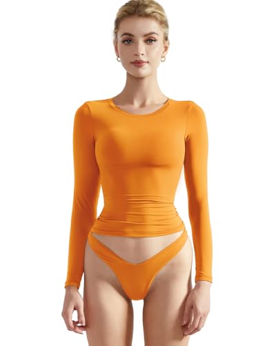 SUUKSESS Women Double Lined Fitted Basic T Shirts Crew Neck Long Sleeve Crop Top