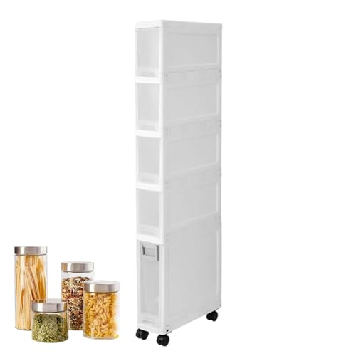Armario de almacenamiento de baño estrecho con diseño de ahorro de espacio, organizador alto y delgado con cajón, estante de cocina transparente y fácil de ver con ruedas, movible, uso en sala de