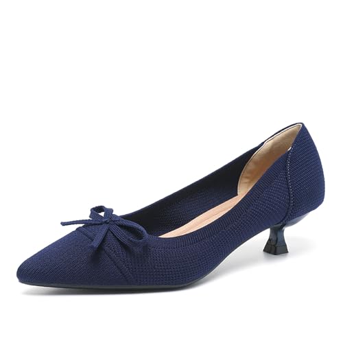 GYUBL Escarpins Femme Talon Bas Élégants Chaussures Pointues en Maille Respirante avec Nœud Pompes Confortables pour Bureau/Mariage,Bleu,EU41