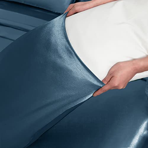 Homiest 7pc Queen Satin Sheet Set, Deep Sea Blue, 1 Deep Pocket Fitted, 4 Pillowcases, 1 Body Pillowcase