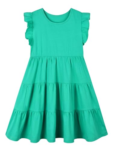 Image of HILEELANG Girls Cotton Tiered Dress Flutter Ruffle Sleeve Summer Swing Sundress Birthday Party Casual Outfit Colorblock 2-12Y