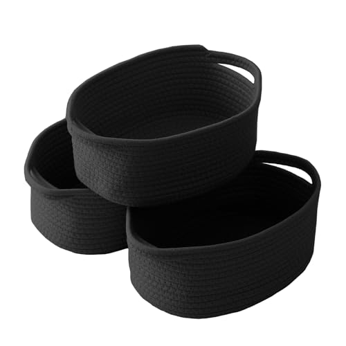 Image of JMvicyroam Small Woven Basket, Empty Gift Basket, Black /3 Pack | Small Gift Basket, Cotton Rope, 12 x 8 x 26 in, Handles, Includes Ribbon and Bag, Birthday Gift Basket