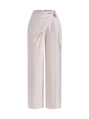 Women's Ruched Tie Side Wide Leg Pants Elegant Wrap High Waisted Loose Trousers with Pockets