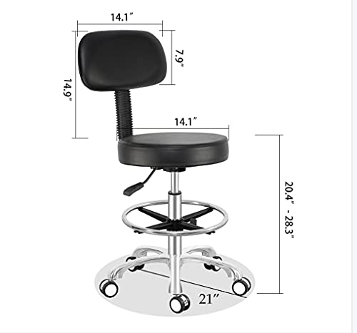 Image of Antlu Rolling Adjustable Stool Drafting Chair for Office Shop Kitchen Medical Salon,Swivel Stool with Wheels and Back (Black, with Foot Ring)