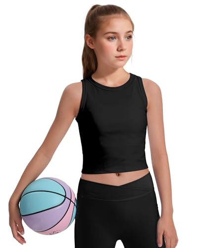 JOCMIC 2 Pack Girls Tank Tops Kids Athletic Tanks Basic Ribbed Knit Crew Neck Cropped Tops for Sports Yoga4