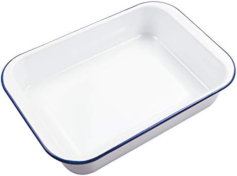 Webake Enamelware 9x13 Baking Pan Oblong Cake Pan Enameled Steel Roasting Pan Baking Dish Lasagna Pan Food Containers, Solid White with Blue Rim