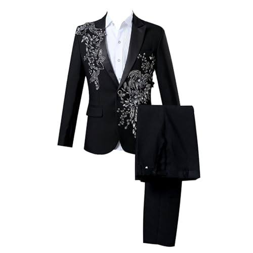 Mens 2 Pieces Luxury Embroidered Suits 1 Button Print Dinner Tuxedo Jacket Prom Wedding Elegant Blazer Dress Suit