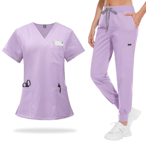 VIAOLI women scrub set: v-neck top & 8-pocket jogger pants