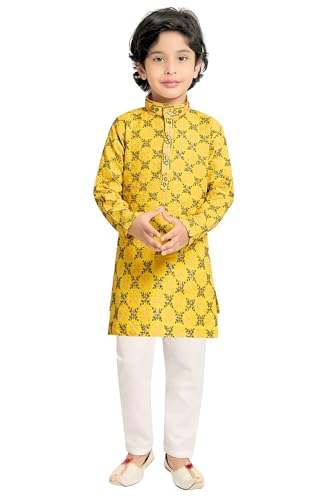Image of TinySteps Boys' Ethnic Wear - Cotton Lakhnavi Chikan Kurta with Golden Sequence Work and Elastic Waist White Cotton Pajama - Festive & Wedding Outfit