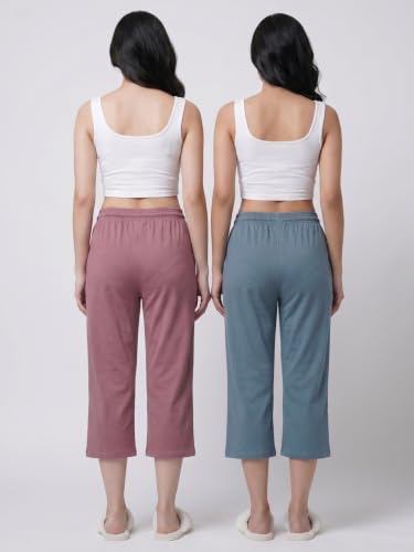 Image of Fflirtygo Women's Cotton Plain Calf Length Capri | Nightwear Short Pyjama | 3 /4th Solid Pyjama Pant | Regular Fit Casual & Lounge Wear Capri Combo (Pack of 2)