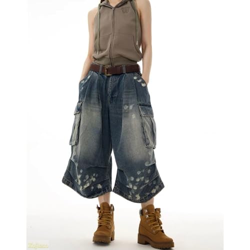 Retro Washed Cut Denim captcha Pants for Men and Women Loose Multi Pocket designelastic Denim Casual Comfortable3