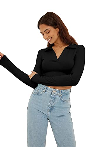 Image of AUSK Women's Regular Fit Crop top Full Sleeves Polo Neck