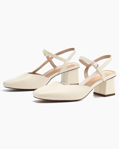 Rilista Women's Slingback Chunky Low Heels Closed Square Toe Heel Wedding Party Dress Pumps Shoes Beige3