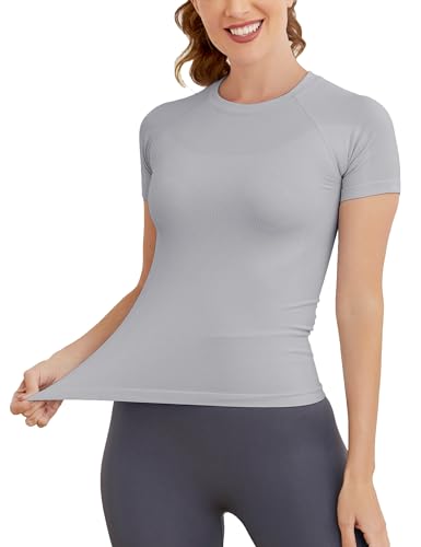 Image of MathCat Short Sleeve Workout Tops for Women, Seamless Women's Compression Shirt, Yoga Running Athletic Shirts Soft Gym Tops