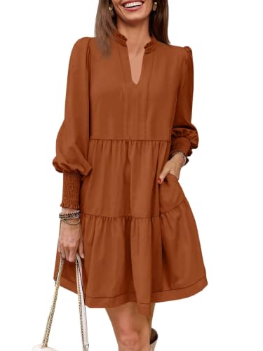 Image of Imily Bela Womens Fall Long Sleeve Tunic Dress Casual V Neck Tiered Dress | Loose,Swing,A-Line,Ruffled Collar,Puff Balloon Sleeve,Smocked Elastic Cuffs,Tiered Layered Ruffle Hem,Babydoll,Loose,Mini