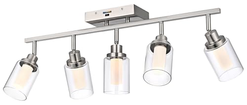 Image of 5-Color Temperature 5-Light LED Track Lighting Fixtures Ceiling, Brushed Nickel Spotlight Bathroom Wall Lamp with Integrated LED Chips & Clear Glass Shade & Frosted Column
