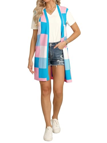 ZXZY Womens Sleeveless Cardigan Fashion Contrast Color Block Plaid Cute Lightweight Knit Long Vest2