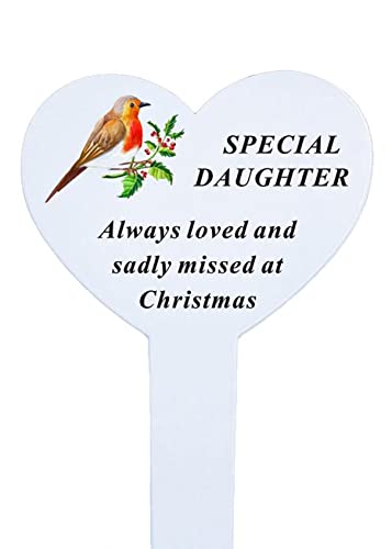 FSUK Daughter White Heart Christmas Memorial Robin Stake Stick - Xmas Plaque Verse Graveside