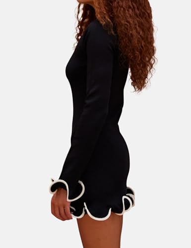 Image of ISZPLUSH Women's Sexy Bodycon Ruffle Hem Knit Dress Crew Neck Long Sleeve Slim Club Party Mini Dress