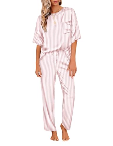 Image of Ekouaer Womens Satin Silky Pajama Set Short Sleeve Shirt with Long Pajama Pant Set Soft PJ Loungewear