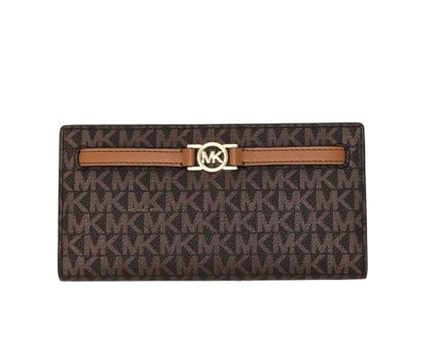 Image of Michael Kors Women's Brown Reed Wallet, Classic Elegant Compact Bi-Fold, Pebbled Leather, Snap Closure, Zipper, 12 Card Slots, 7.5 inchW X 4 inchH X 0.75 inchD inches