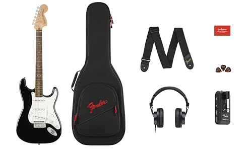Squier by Fender Affinity Series™ Stratocaster® Electric Guitar & Mustang™ Micro Pack in Black. Includes Gig Bag, Strap, Headphones, Picks & a Free 3-Month Subscription to Fender Play