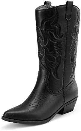 DREAM PAIRS Women's Cowboy Boots Pull On Cowgirl Boots Mid Calf W...