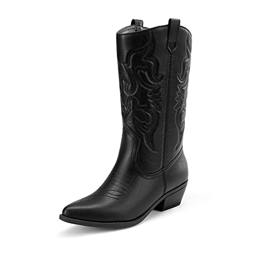 DREAM PAIRS Women's Cowboy Boots Pull On Cowgirl Boots Mid Calf Western Boots, Available in Regular and Wide Calf 5 Wide Black