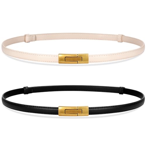 SANSTHS 2 Pack Thin Ladies Waist Belt for Dresses Jeans Pants, Skinny Womens Belt with Antique Gold Buckle