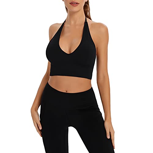 Inibud Workout Halter Top For Women Bralette Crop Tanks Sports Bras With Adjustable Strap Seamless Padded (Black&Brown Sugar, Medium) #TOP4