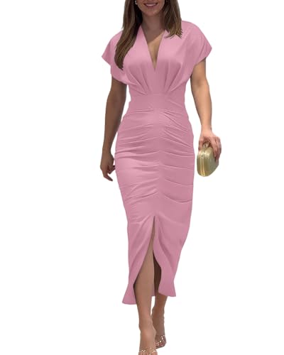 Image of CHICME Summer Dresses for Women Floral Print Plunge V Neck Midi Dress Casual Ruched Slit Bodycon Party Dress