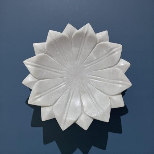 Image of Art Marble Bowl Pot, Lotus Bowl, Lotus Pot Decorative Showpiece - 9 inch Length and 2 inch Depth (Marble, White)