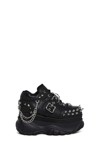 Dolls Kill Midnight Pit Platform Sneakers by Widow – Black Vegan Leather Shoes with Spikes, Chains, and Chunky Sole