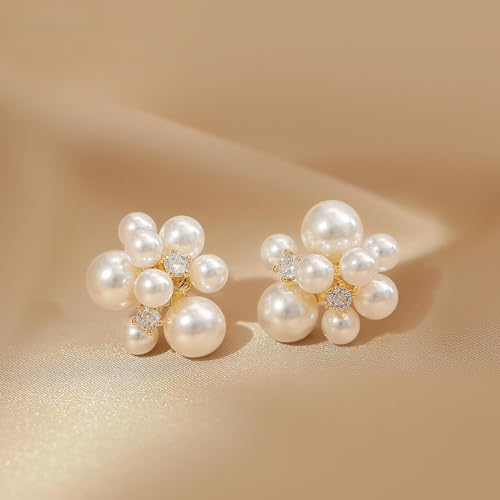 YienDoo Boho Cluster Pearl Stud Earrings - Unique French Ball Drop Statement Rhinestone Simulated Bridal Earrings - Wedding Fireworks Jewelry for Women4