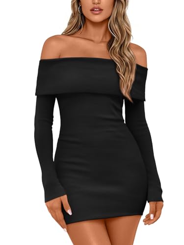 LILLUSORY Womens Sweater Dress 2025 Fall Off The Shoulder Mini Bodycon Going Out Long Sleeve Sexy Fashion Trendy Clothes Outfits Formal Homecoming Wedding Guest Party Winter Black XL