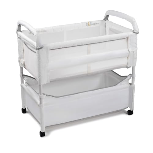Arm’s Reach Clear-Vue Co-Sleeper Bedside Bassinet Featuring Clear Mesh Panels with Fold-Down Side, Large Attached Storage Basket, 4 Wheels, and Height-Adjustable Legs, White