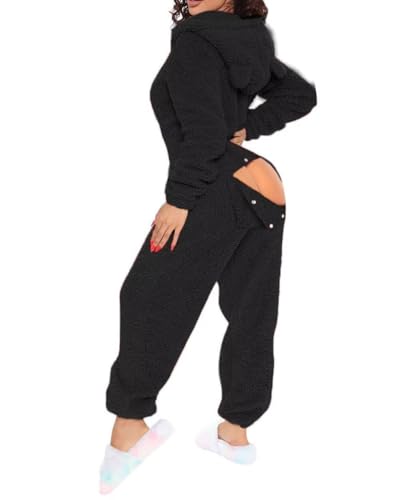 MANGGUO Combinaison sexy en polaire pour femme avec capuche et oreilles, combinaison pour femme avec rabat pour les fesses, pyjama une pièce en peluche