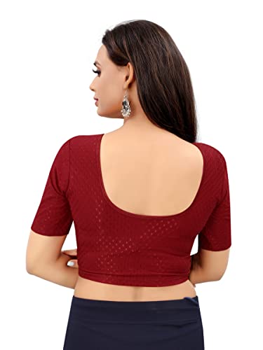SAGIBO Round Neck Dobby Cotton Lycra Stretchable Elbow Sleeve Readymade Saree Blouse for Women Stylish