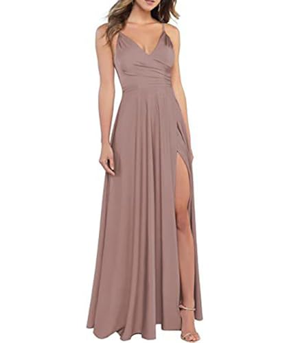 xxxiticat Robe de demoiselle d'honneur en satin avec col en V et bretelles spaghetti - Robe de soirée formelle avec fente, taupe, M