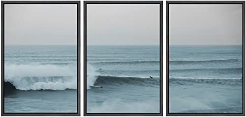 SIGNWIN Framed Wall Art Print Set Wide Angle Rushing Ocean Waves and Surfers Nature Wilderness Photography Modern Chic Scenic Relax/Calm Multicolor for Living Room, Bedroom, Office - 24"x36"x3 Black