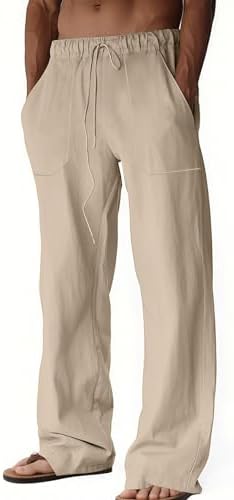 Men's Casual Linen Pants Summer Beach Trousers Loose Fit Straight...