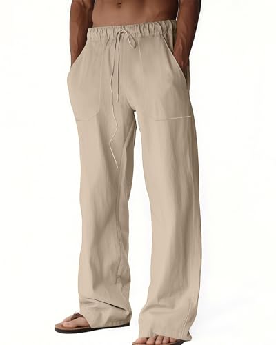 Men's Casual Linen Pants Summer Beach Trousers Loose Fit Straight-Legs Elastic Drawstring Waist Yoga Trousers Light Khaki