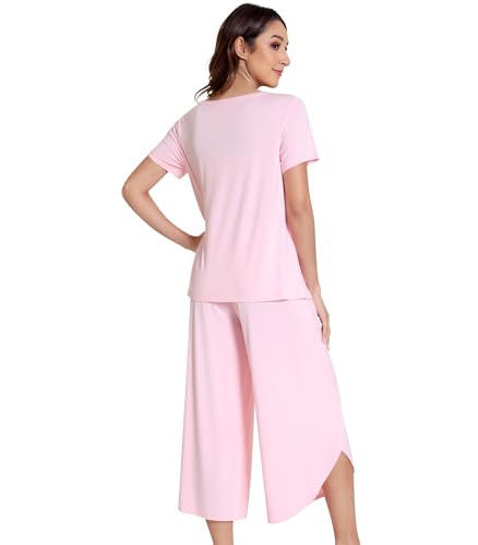 Image of NACHILA Pajamas Set for Women Short Sleeve Sleepwear with Capri Pants Cool Pjs Soft Loungewear,Viscose Made from Bamboo